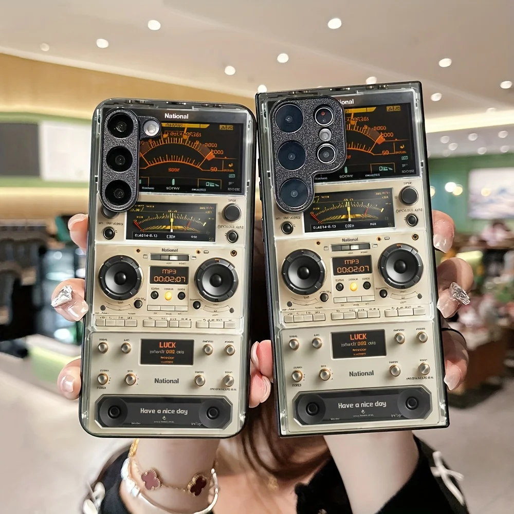 Old style radio pattern glass phone case suitable for Samsung Galaxy S26 S25 S24 S23 S22 S20 FE/Ultra/Plus anti drop back cover