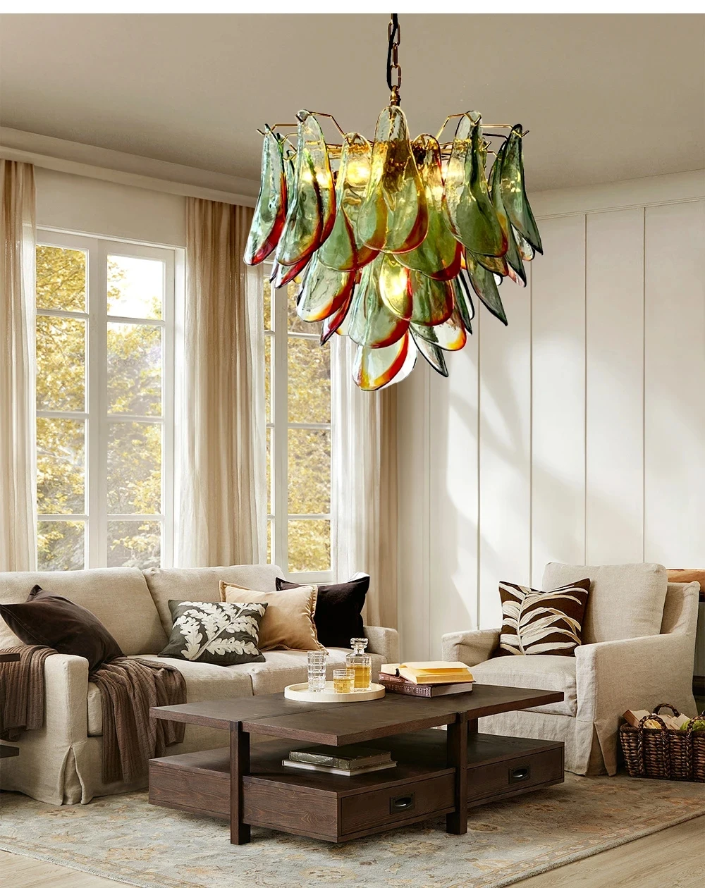 Green Red Classical Glass Petal Hanging Lamp for Ceiling Led Home Art Lustres Vintage Chandelier Living Room Decor Light Fixture