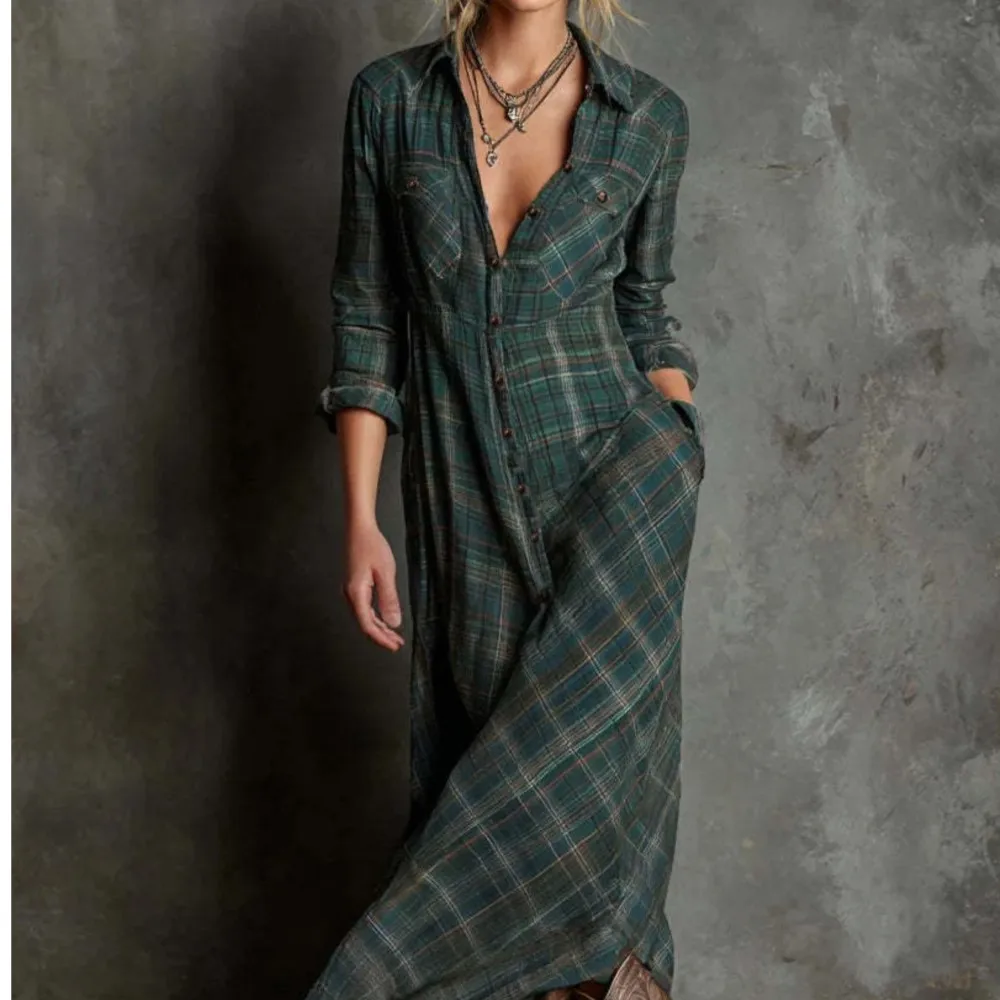 

Daily Casual Comfortable Long Dress Spring Autumn Fashion Commuter Style Long Sleeves Mid-waist Pocket Lapel Button Vestidos