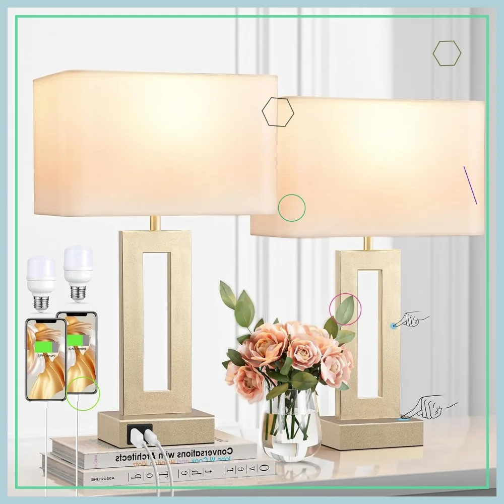 

Набор из 2 прикроватных ламп с сенсорным управлением и портами USB C+A, 3-режимные диммируемые золотые настольные лампы для гостиной, рабочего стола, кабинета