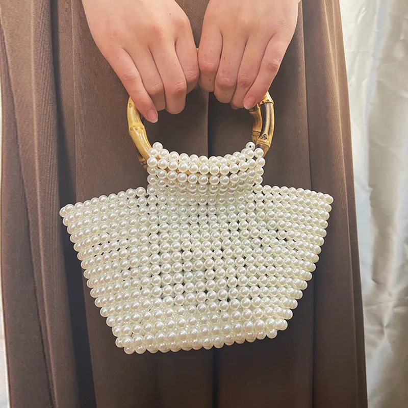 Niche Fashion High-end Bamboo Double Circle Handmade Bead Woven Pearl Handbag Banquet Bags Customizable Wholesale Women's Bag