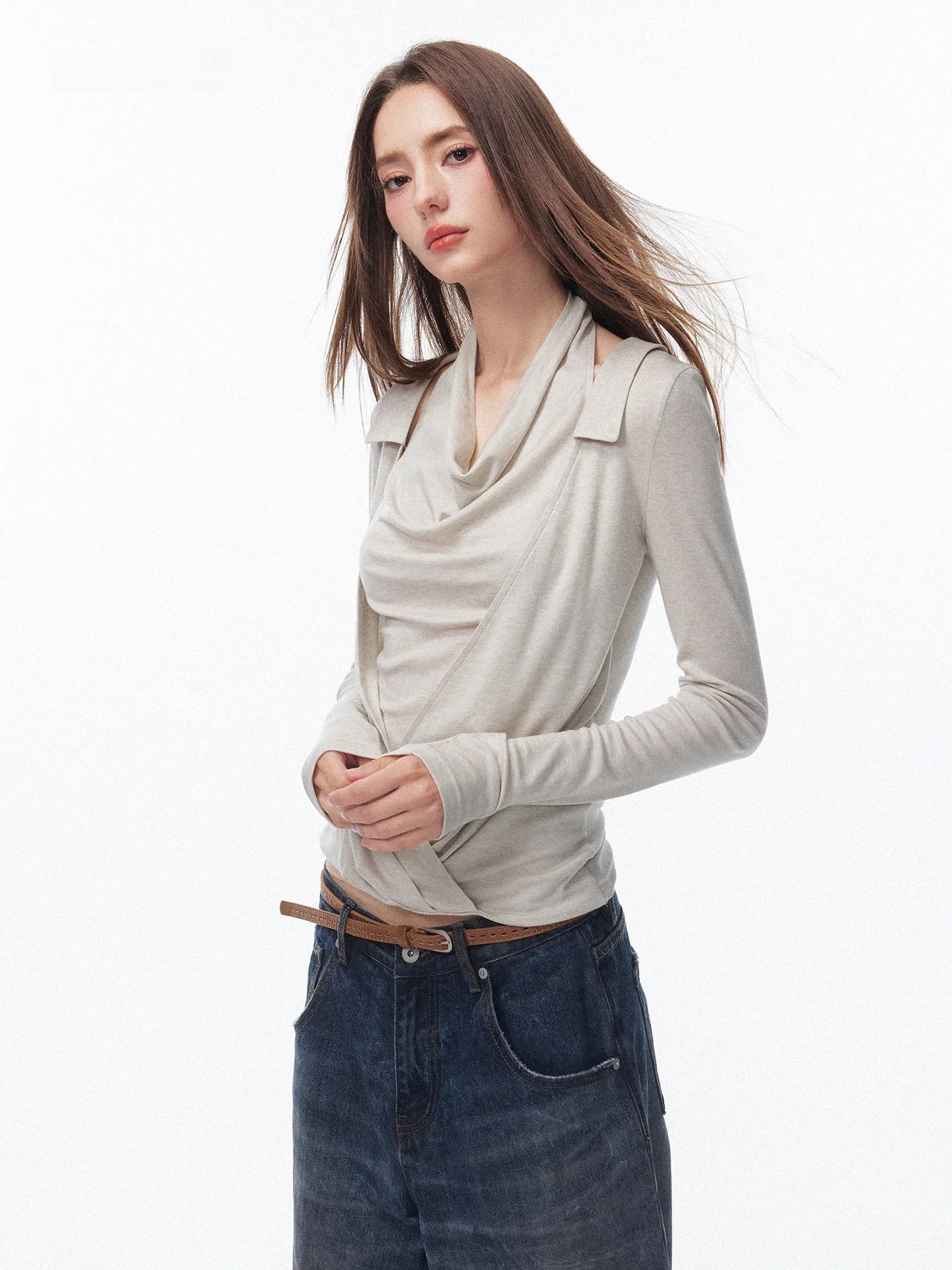 SEGI Diseño Original, Nuevo Estilo de Primavera, Top de Mujer de Alta Gama con Cuello Halter, Manga Larga, de Lana y Seda, con Efecto de Dos Piezas