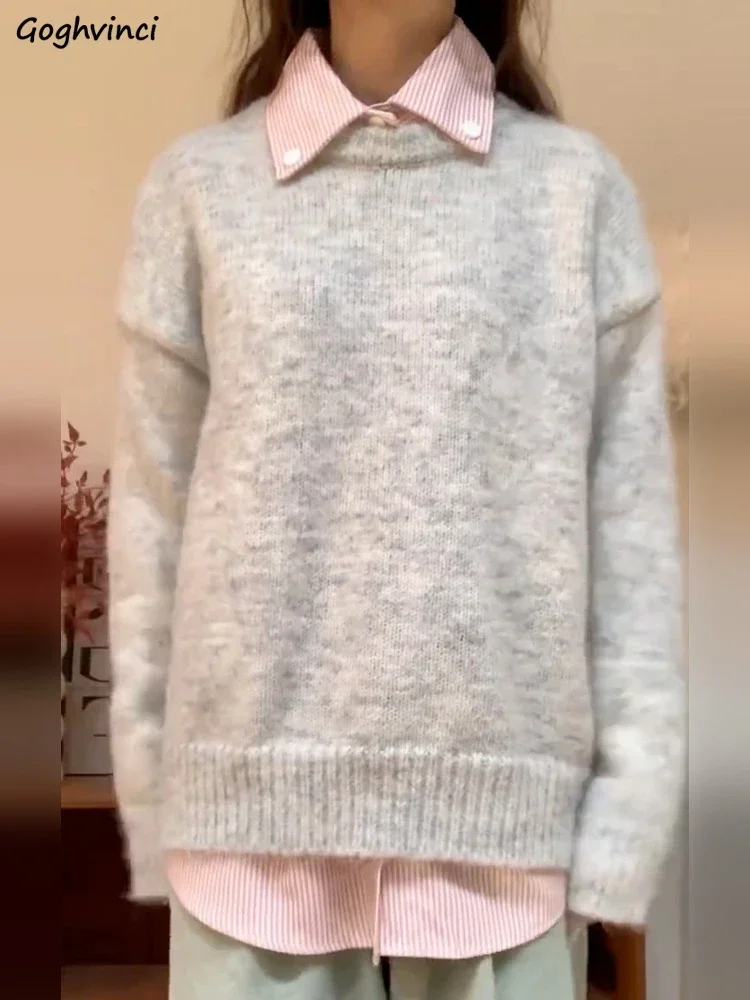 

Tender Pullovers Women Loose Outwear Simple Korean Style Autumn Age-reducing Stylish Knitted Jumpers Ulzzang Hot Sale Leisure