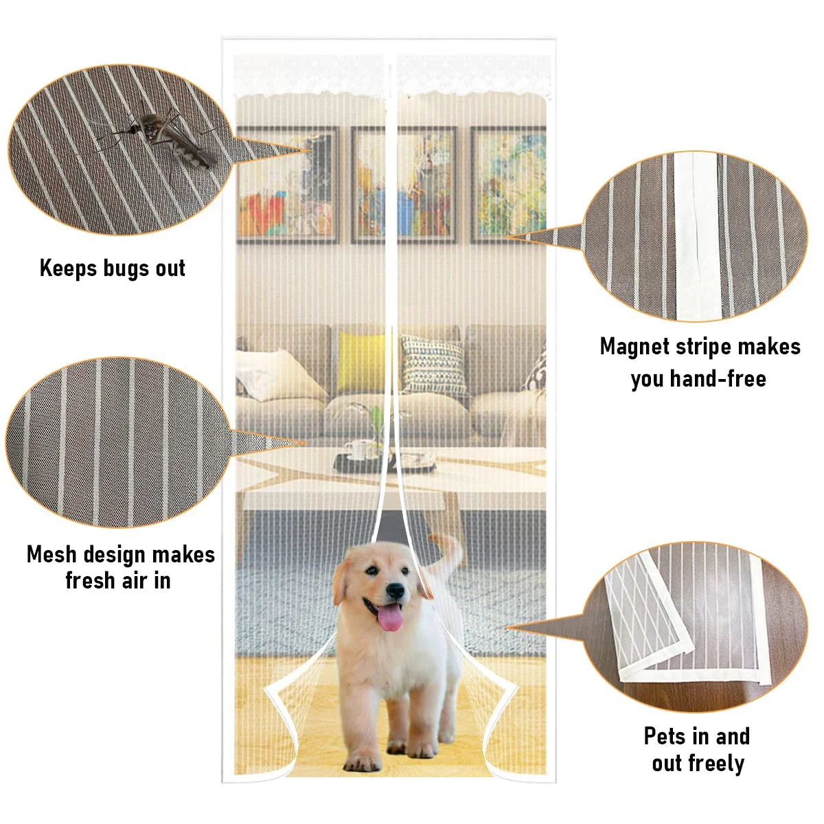 Door，Pet Friendly Walk Through Door Screen Magnetic Closure- Door Mesh Keeps Bugs Out-White