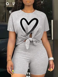 LW Plus Size Heart Print Front Split Shorts Set Oversize Summer Round Neck T-Shirt & Skinny Short Suit for Women 2024