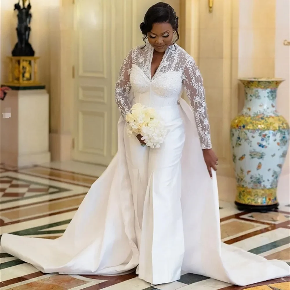 Customized V Neck Lace Appliques Jumpsuit Wedding Dress With Removable Skirt Vestido De Noiva Plus Size Long Sleeve  Bridal Gown