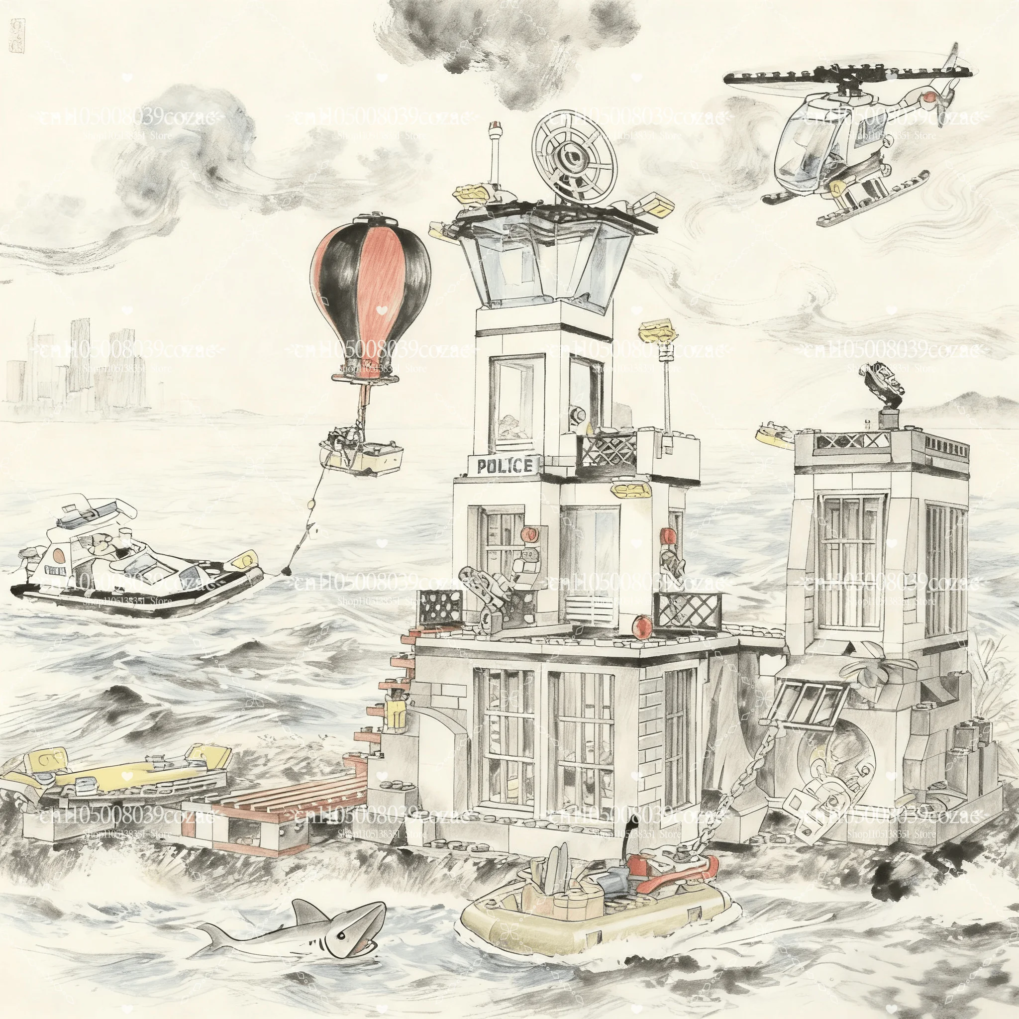 

MOC полицейская серия, морская заключенная, остров, самолет, каяк, полицейская станция, кирпичные строительные блоки, образовательные детские модели игрушек