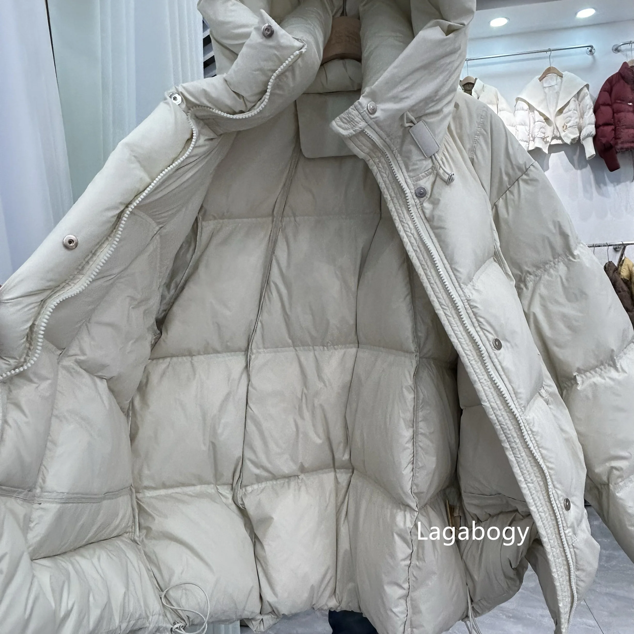 Lagabogy 2025 New Winter Thick Warm Puff Jacket Women 90% White Duck Down Coat Female Hooded Medium-length Loose Zipper Parkas