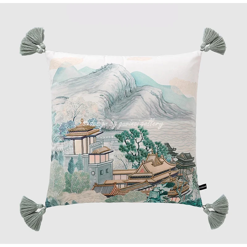 GUVINCI The Ancient Chinese City Landscape Scene Lumbar Pillow Cover Luxury Super Soft Velvet Cushion Case 30x50cm With Tassels