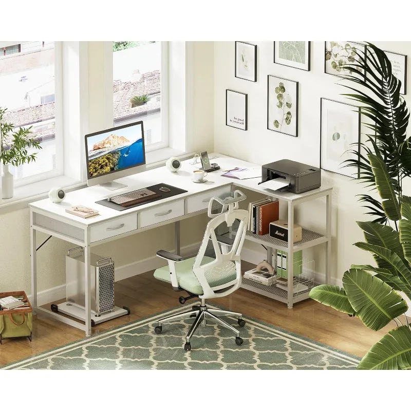 61-Inch L-Shaped Computer Desk with Electrical Outlet and Storable Shelf, Removable CPU Holder for Home Office and Gaming Table