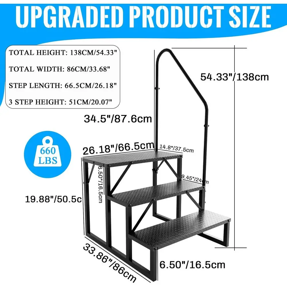 Heavy-Duty 3-Step Metal Stairs with Handrail, 660 lbs Capacity, Anti-Slip for Outdoor Use - Suitable for Hot Tubs, RVs, and More