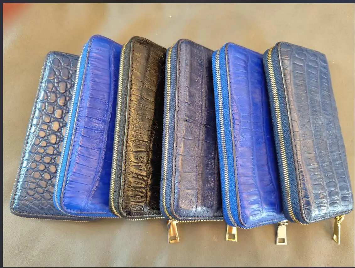 100% Genuine crocodile skin wallet blue color Long size Zipper alligator leather purse Big discounts Promotion Prices Cheap