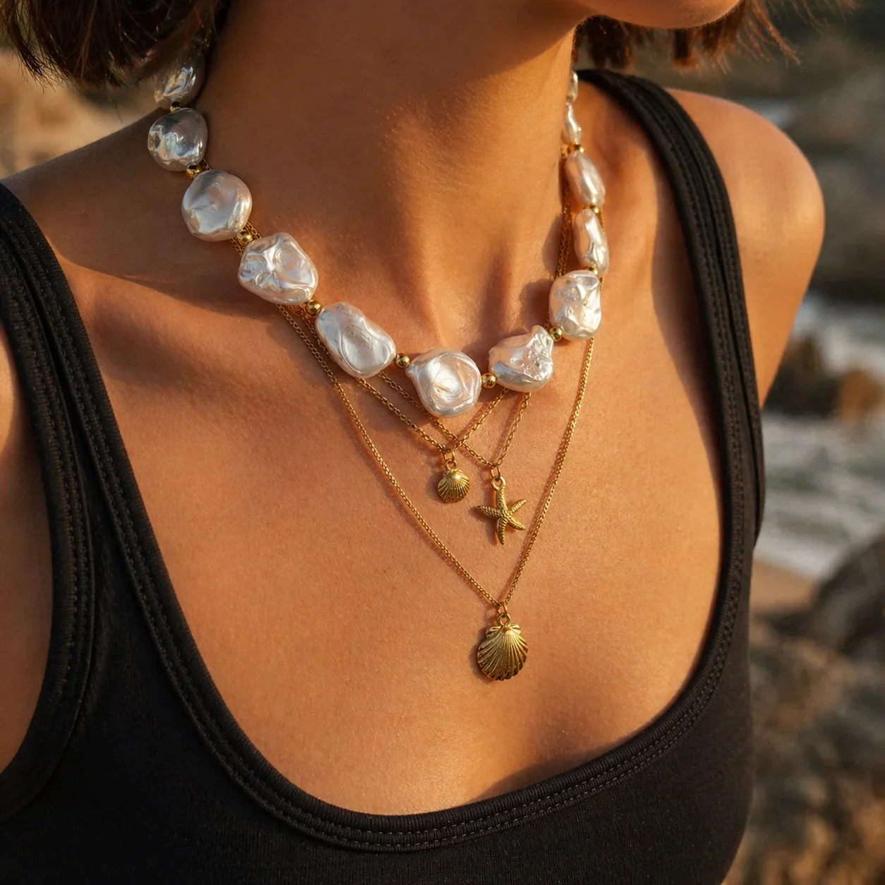New Fashion 4Pcs/Set Gold Plated Stainless Steel Starfish Conch Pendant Necklace Women Boho Baroque Imitation Pearl Chain Choker