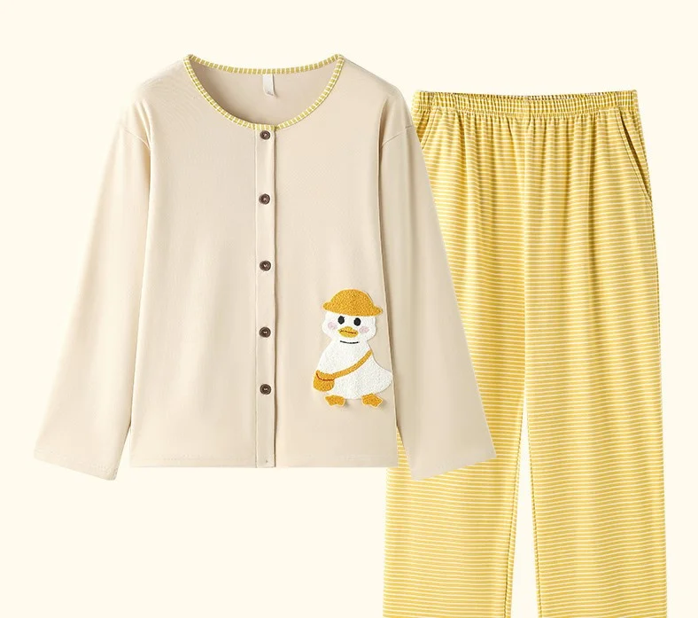 

Pajama Sets Autumn Women Knitted Nightwear Female Ribbed Print Cozy Homewear Button Front Long Sleeve Cropped Pants Warm Touch