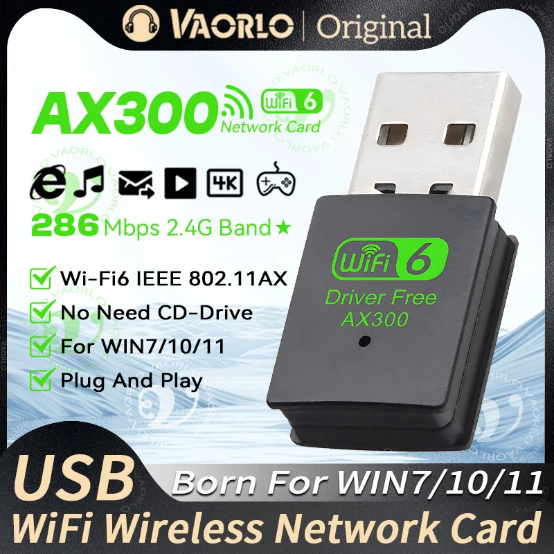 

VAORLO WIFI 6 USB Adapter AX300 Network Card Mini USB Dongle 2.4GHz 802.11AX Wireless Dongle Receiver For Win 7/10/11 Drive Free