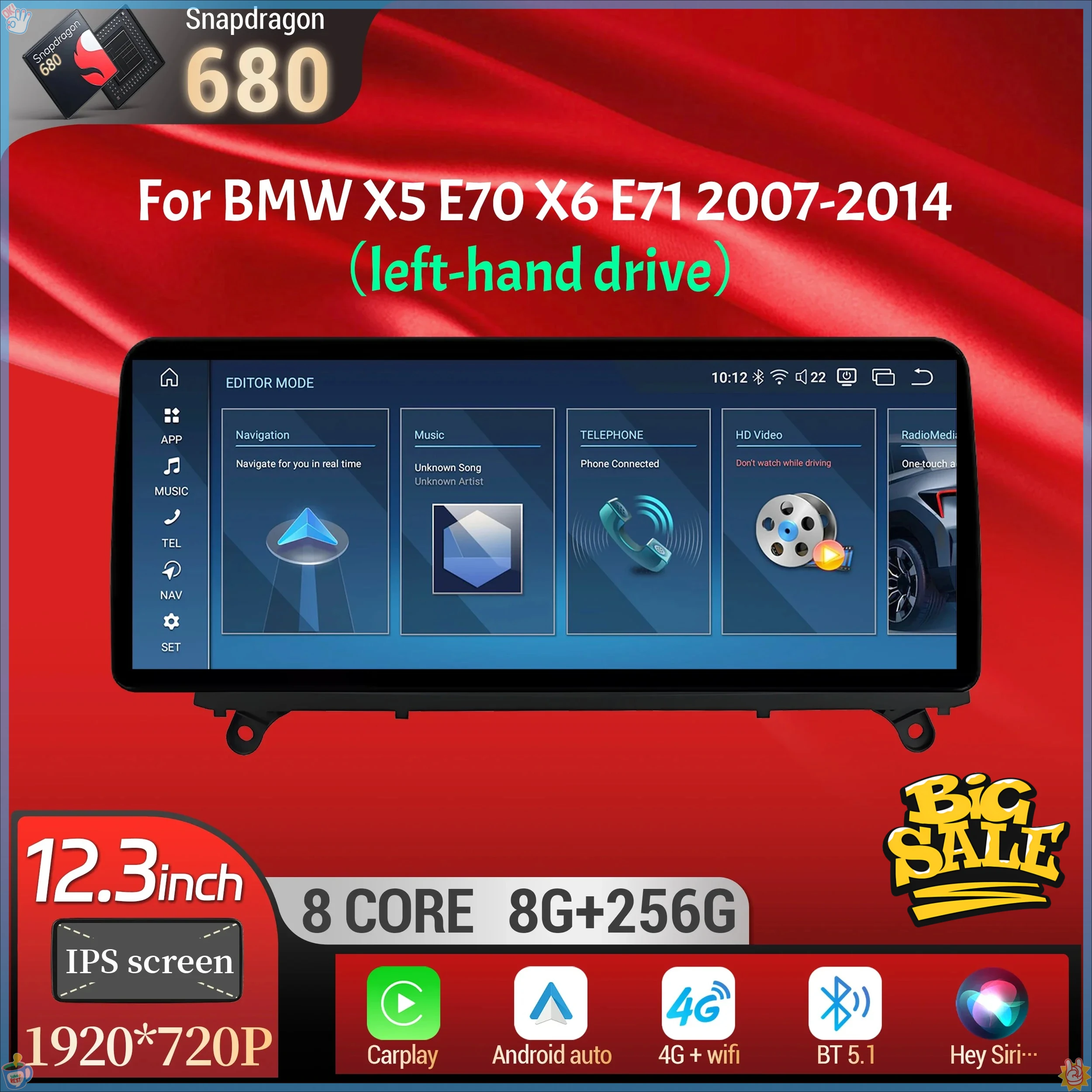 12.3 inch For BMW X5 E70 X6 E71 2007-2014 Left Hand Drive Android 14 Car Radio Wireless BT Carplay Snapdragon 680 Touch Screen