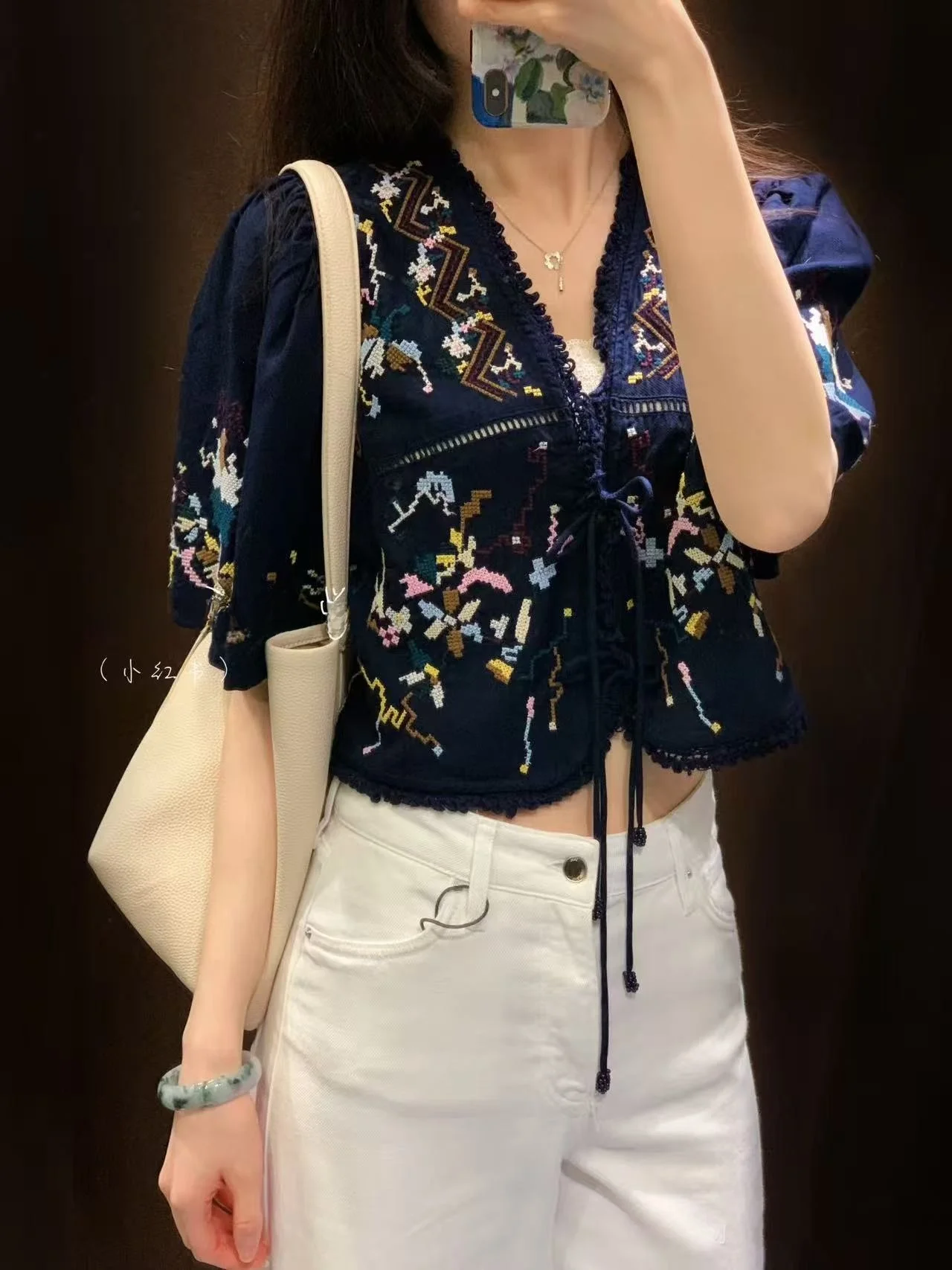 

Retro Sle ort Sve V Ne Cotton irt Women's Breathable Comfortable Floral Embroidery Top for Holiday Spring 2026
