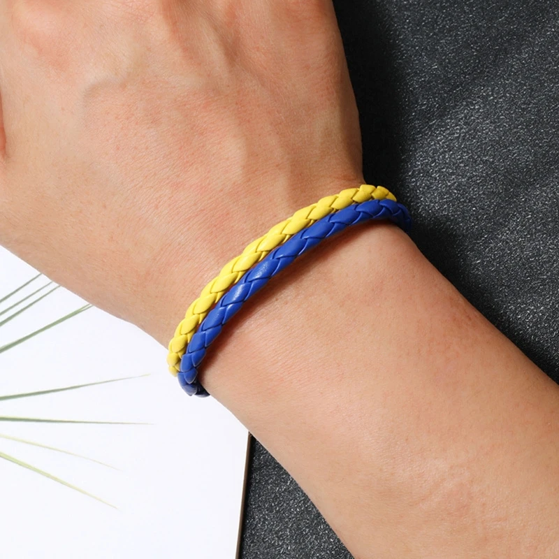 Blue Yellow Bracelet Ukrainian Flag Color Bracelet Jewelry Ukraine Flag Braided Leather Bracelet for Men Women Kids