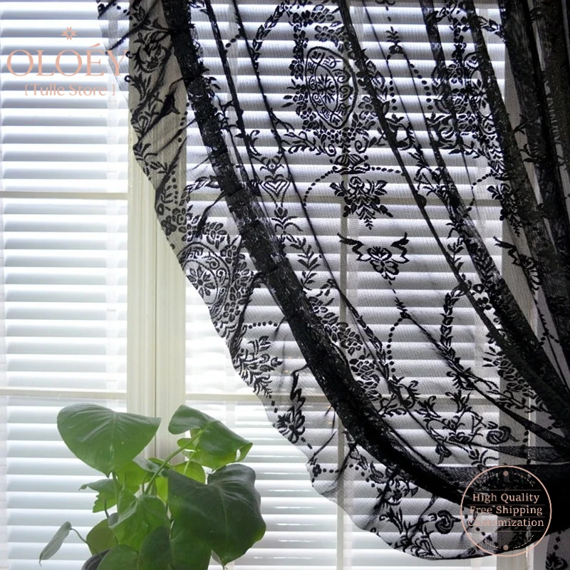 

Black Floral Tulle Ruffle Vintage Voile Sheer Curtains for Bedroom Window Drapes Romantic Flower Pattern Light Filtering Decor