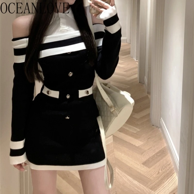 OCEANLOVE Fake 2 Pieces Knitted Mini Dresses Autumn Winter Vintage Sexy Vestidos Mujer Korean Fashion Stripes Women Dress