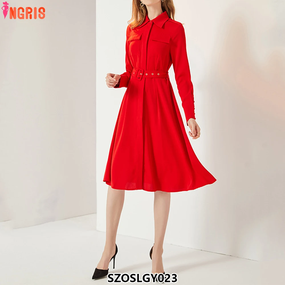 

2025 New Fashion Belted Dress Retro Lapel Waist Short Sleeve Elegant Loose Women's Skirt-SZOSLGY023