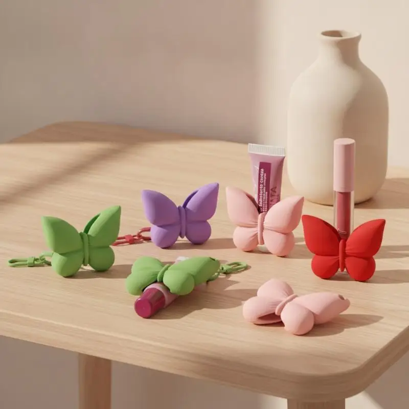 Butterfly Silicone Lip Balm Holder Keychain Multi-color Cute Lipstick Cover Backpack Handbag Travel Accessory