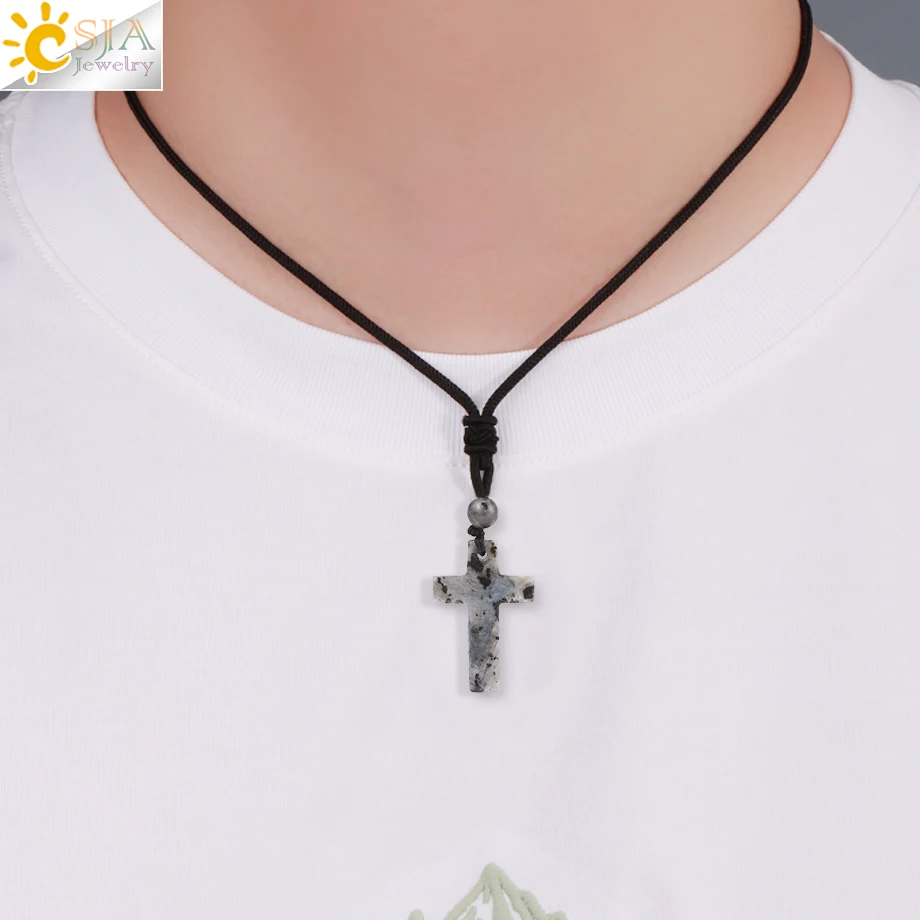 CSJA Natural Stone Cross Pendant Necklace for Man Healing Tiger Eye Amethysts Crystal Necklaces for Women Jewelry Gift H254