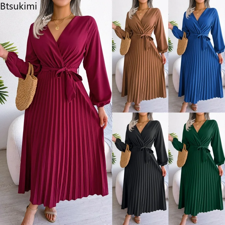 

New2024 Women's Casual Long Sleeve Dress Fashion Cross V Neck Bandage Pleated Dress Ladies Elegant Loose Long Sleeve Maxi Dress