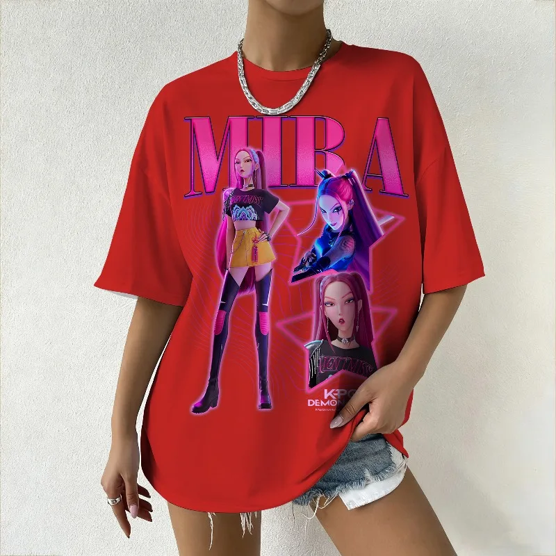 

Women's Summer KPop Demon Hunters Printed T-Shirt Vibrant Red Top with MIBA Graphic Trendy for Street & Casual Scenes Y2k Top