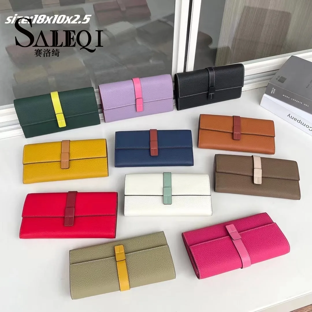 Genuine Leather Long Wallet Women Buckle 2 Fold Multi Card Position Cell Phone Bag Large Capacity Head Layer Cowhide Money Clip