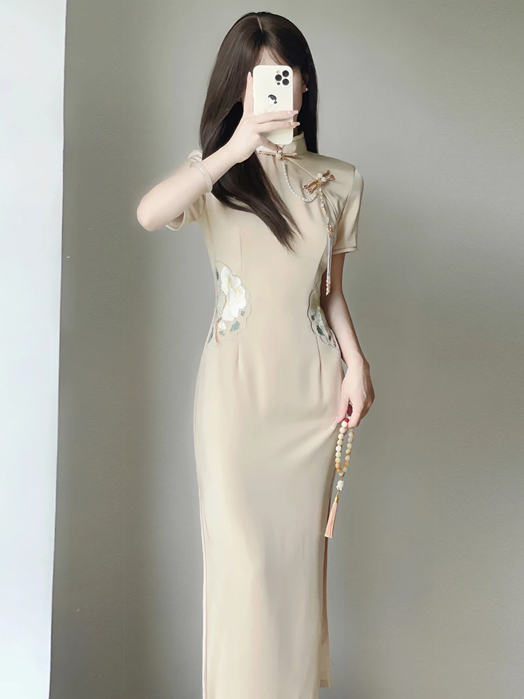 

Ting Yue Ling Qi Pao 2024 New Version Elegant Young Style Wedding Dress Long Short Sleeve Daily Wear for Girls