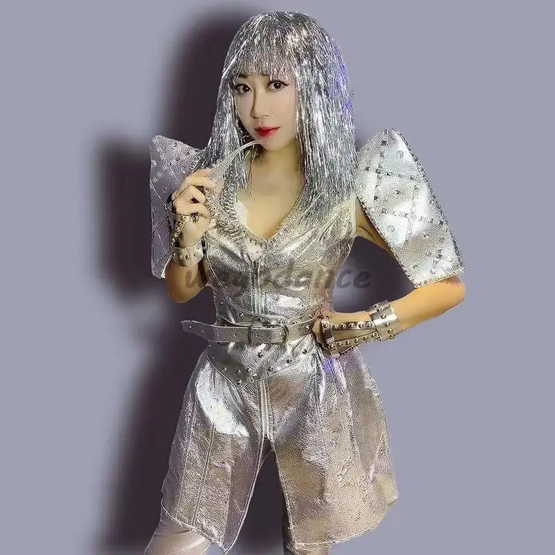 New Sequins Silver Bar Gogo Punk Set Performance Suit Singer Costume