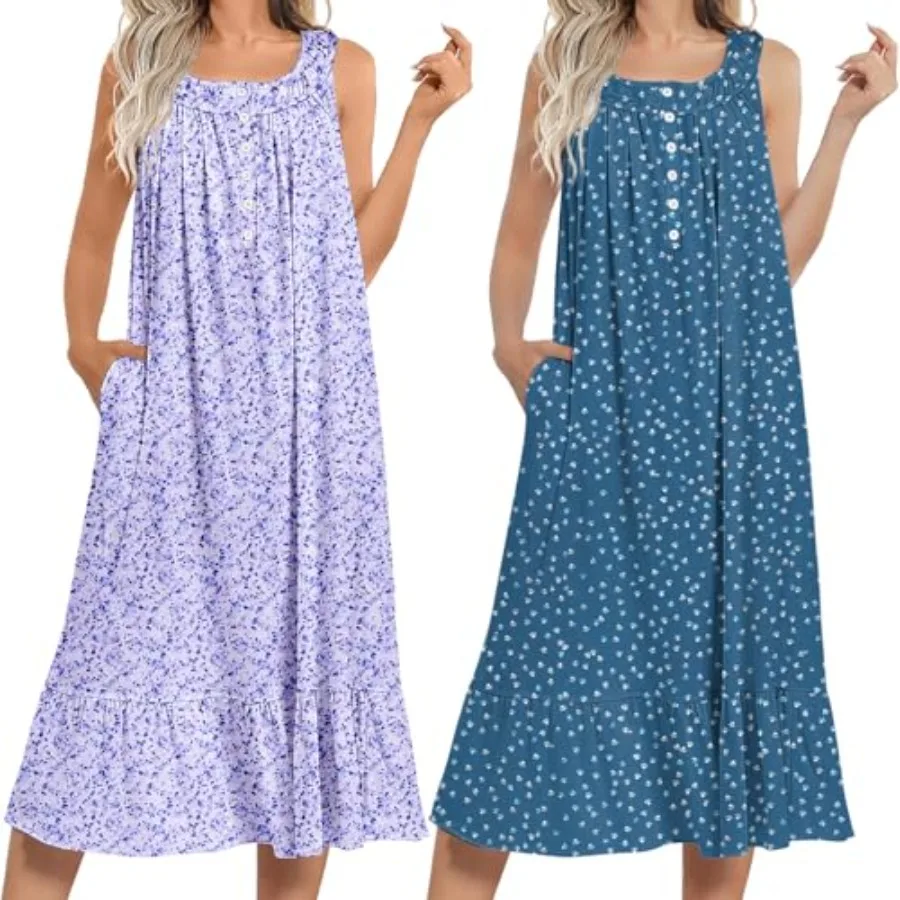 

Ekouaer 2 Pack Nightgowns for Women Sleeveless Long Night Gowns Victorian Nightdress with Pockets Soft Ladies Gown