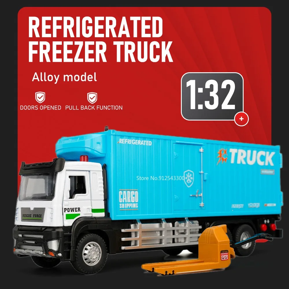 

1:32 Refrigerated Freezer Transporter Container Car Model Toy Doors Opened Pull Back Models Alloy Diecast Vehicle for Boyfriend