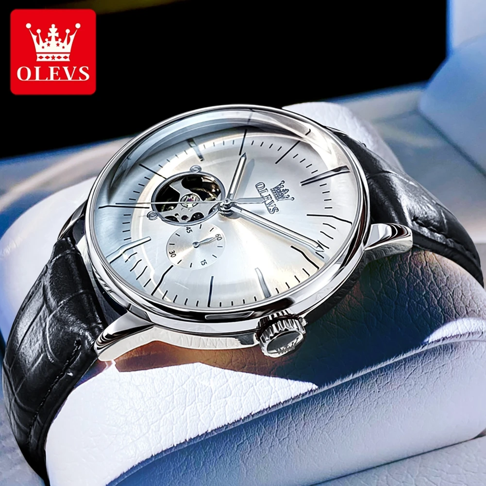 OLEVS, relojes informales a la moda para hombre, correa de cuero, marca Original, reloj de pulsera mecánico automático de cuerda automática para hombre, resistente al agua