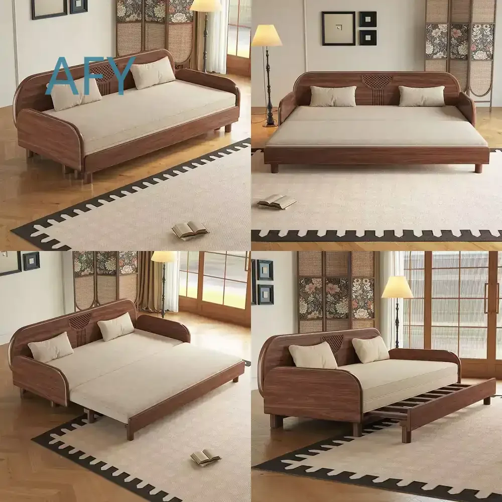 Nordic Solid Wood Folding Sofa Bed for Small Spaces Convertible Couch with Walnut Finish Fabric Upholstery for Living Room
