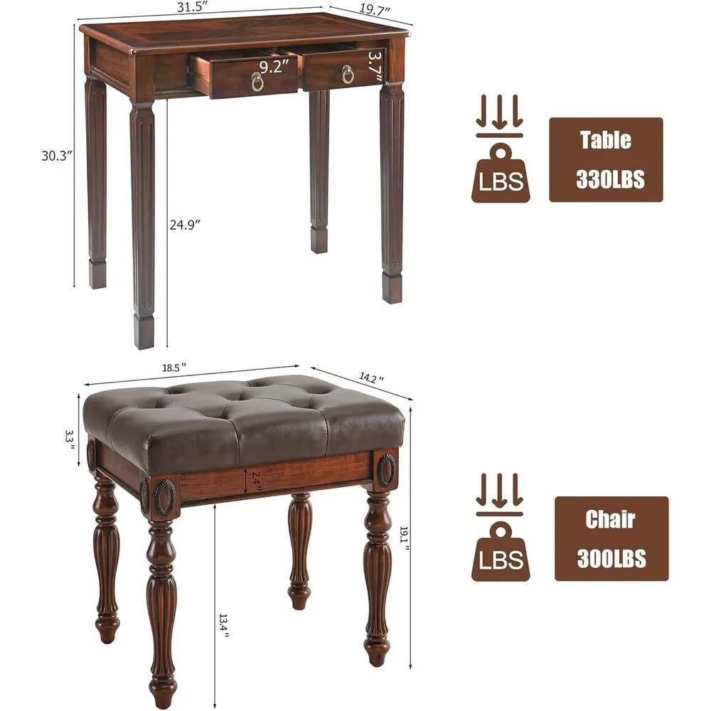 Solid Wood Small Makeup Vanity Table Set, 31.5"W Narrow Wooden Dring Vanity Desk with 2 Storage Ders and Upholstered Stool, Comp - view 2
