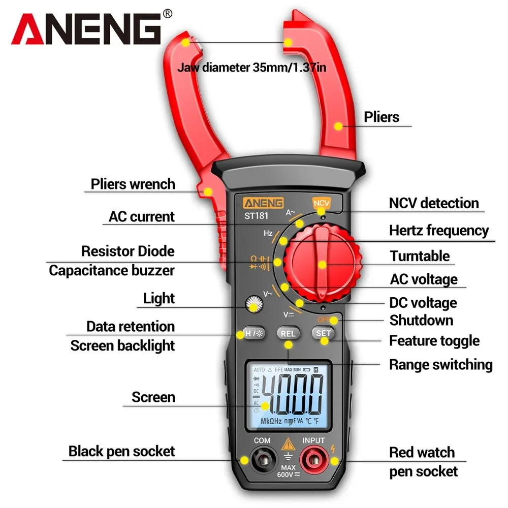 Aneng St181 Klem Meter 4000 Telt Huidige Ampèremeter Tester Digitale Multimeter Dc/Ac Spanning Auto Amp Hz Capaciteit Ncv Ohm Test