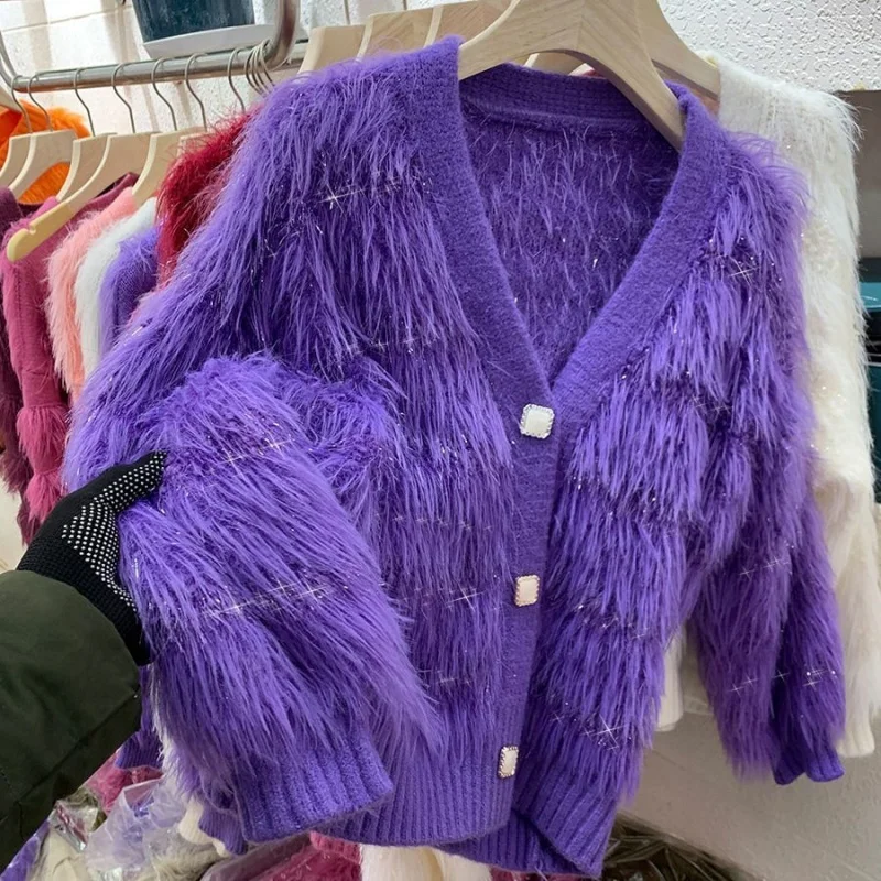 

2025 New Autumn Loose Cashmere Sweater Women Chinese Style Faux Mink Fur Cardigan Single Breasted V-neck Womens Coat