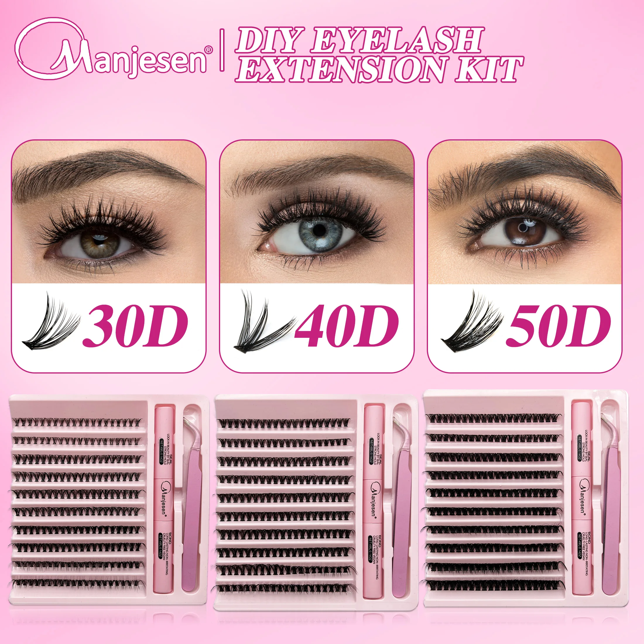 Lasvnna kit de clusters de cílios com retenção forte à prova d'água, kit de extensão de cílios diy, ligação e vedação e pinça de cílios, maquiagem