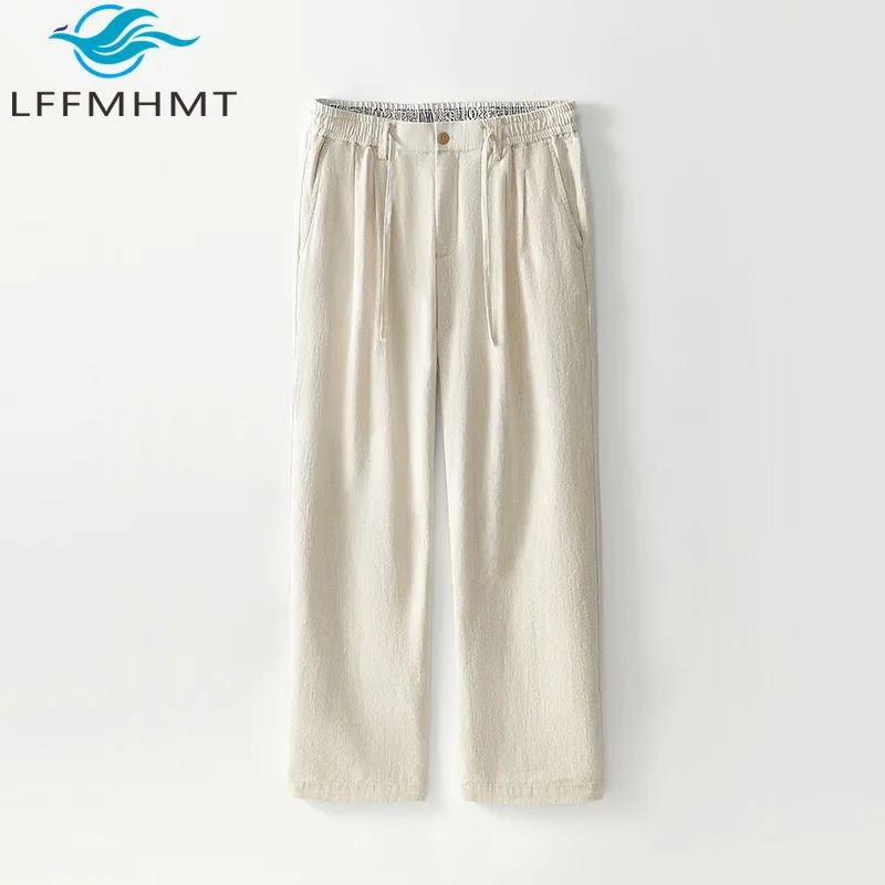 

Мужские брюки L8251 из смесового хлопка и льна, драпированные, на все сезоны, в японском стиле, однотонные, простые, базовые, с эластичным поясом, широкие штанины