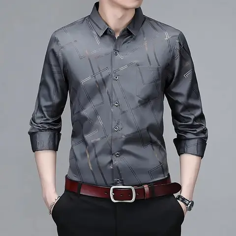 남성용 긴팔 프린트 셔츠, 다림질 및 주름 방지 비즈니스 탑, 캐주얼 및 패셔너블