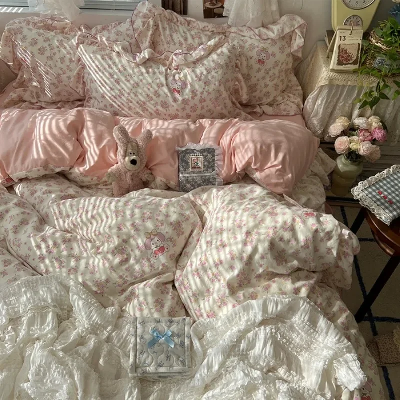 2026 New Korean Small Flower Lace Wash Cotton Four Piece Set Princess Style Lace Bedding Set 4pcs bed skirt style