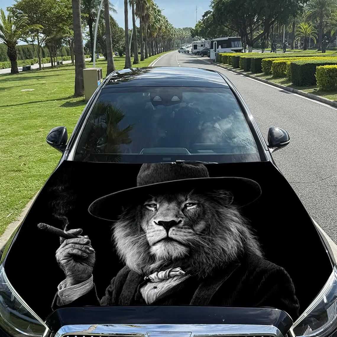

Stylish Cigar Lion Car Vinyl Wrap, PVC Material Waterproof Car Hood Sticker, Self-Adhesive Scratch-Resistant Stickers for Engine