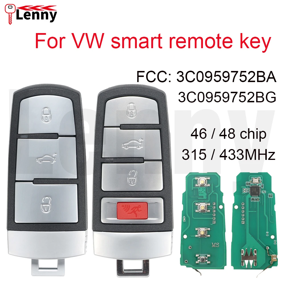Lenny FCC:3C0959752BA-48chip/3C0959752BG-46chip 3-4button Car Smart Remote Key For VW Volkswagen Magotan Passat B6 CC 3C B7