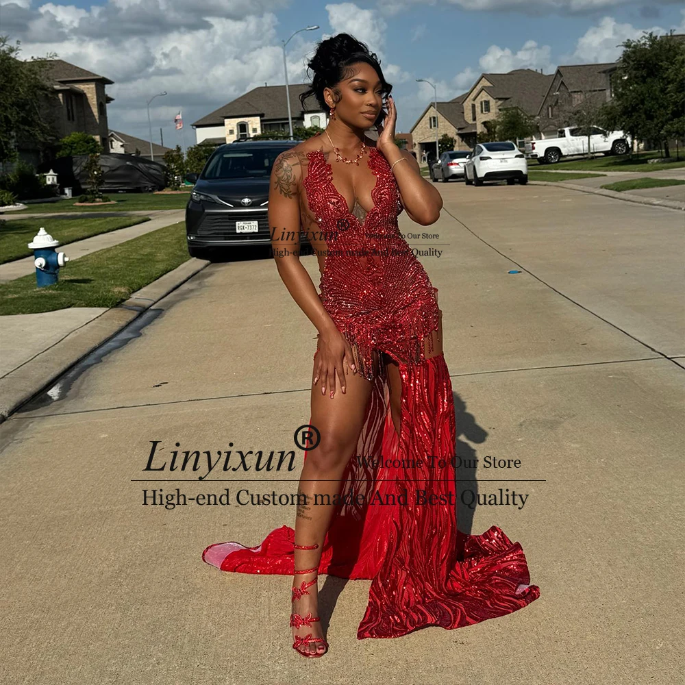 Luxurious Beading Prom Dress for Black Girl Side Slit Sequin Mermaid Evening Party Gown Customized Sleeveless vestido madrinha