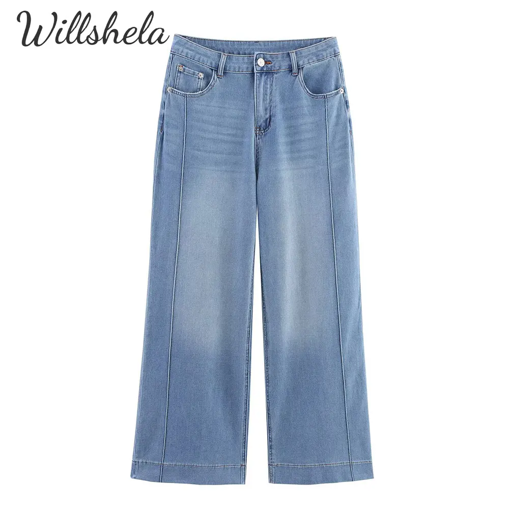 

Willshela Women Fashion Premium 4-Way Stretch Ultra-Soft Wide Led Denim Jeans Casual Female Chic Lady Long Trousers