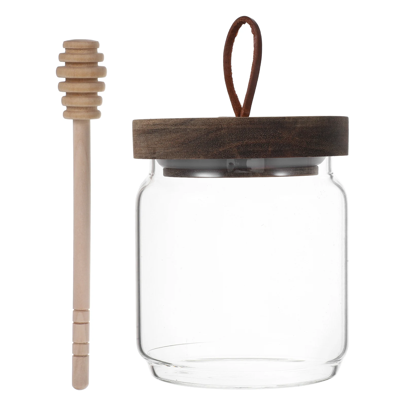 

1pcs Glass Honey Jar Airtight Wooden Lid Dipper Transparent Container Kitchen Condiment Storage Jar Honey Dispenser Smooth