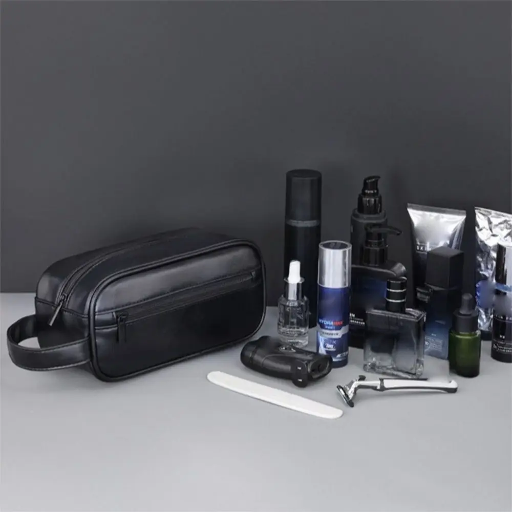 Vintage Multi Pocket Men Leather Wash Bag Zipper Large Capacity Cosmetic Storage Bag Waterproof Handheld Makeup Pouch Bathroom
