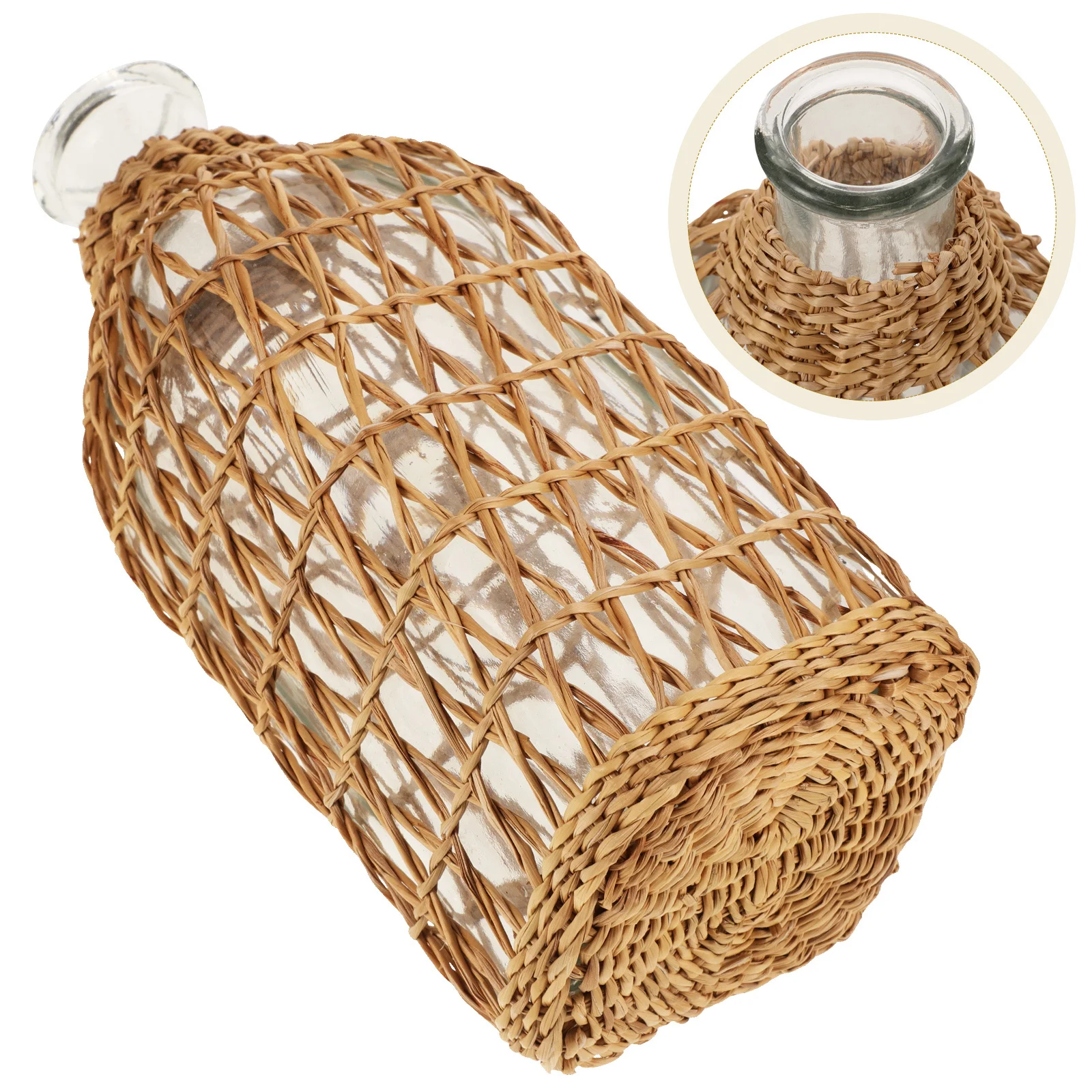 

Creative Woven Straw Vase Glass Bottle Home Decoration Rustic Style Fresh Dried Flowers Container Multifunctional Use